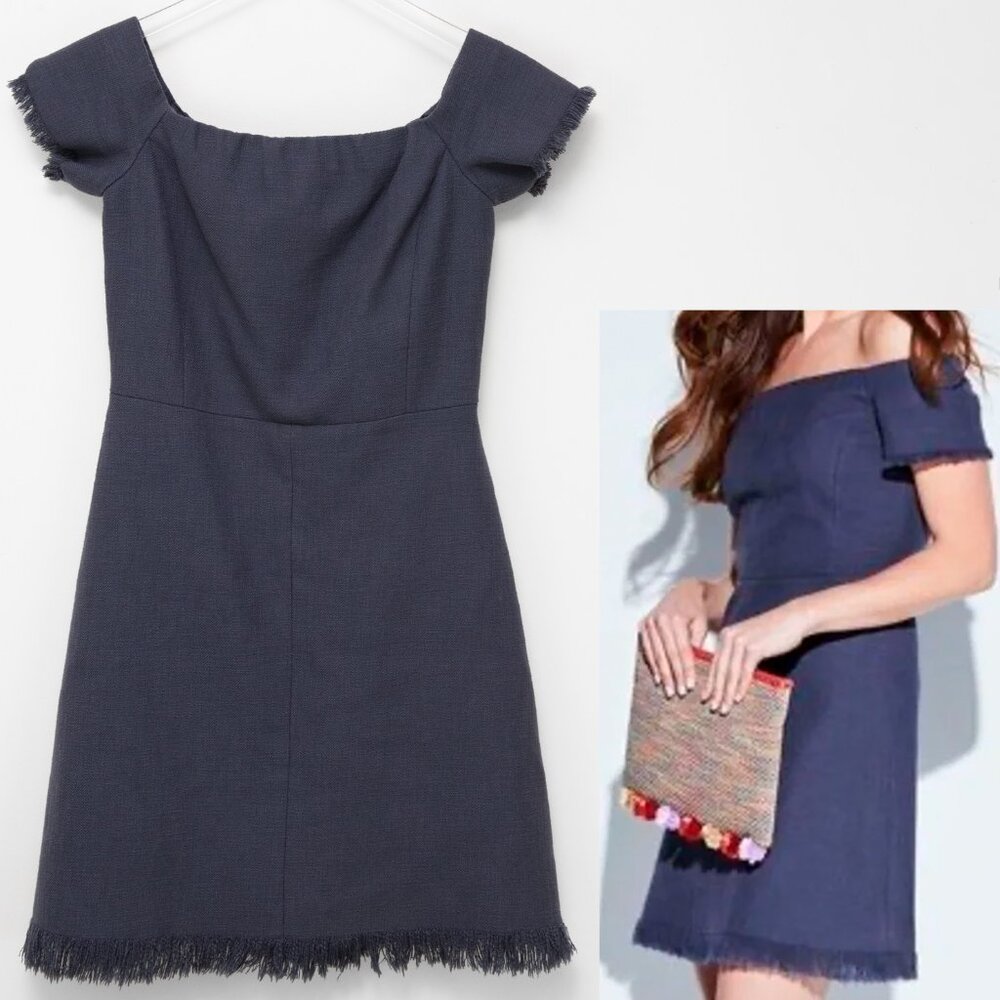 Rebecca Taylor Dress Off The Shoulder Slub Knit Fringe Mini Sheath Blue Size 2
